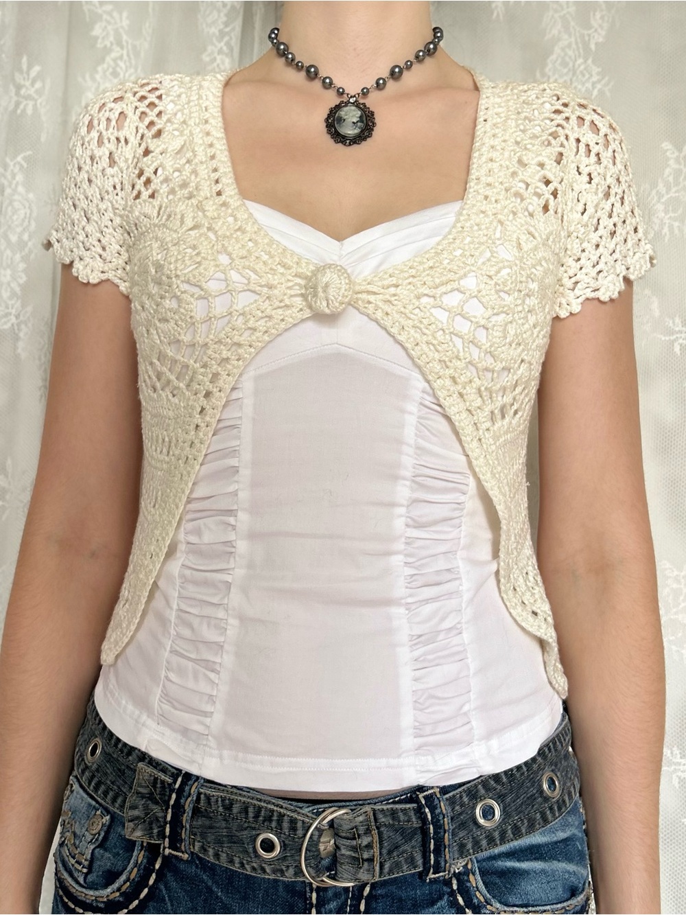 Vintage Coquette Cream Crochet Cardigan - Picture 3 of 6